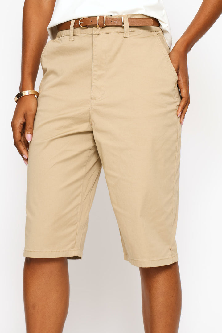 Belted Sateen Bermuda Chino Shorts - Light Stone