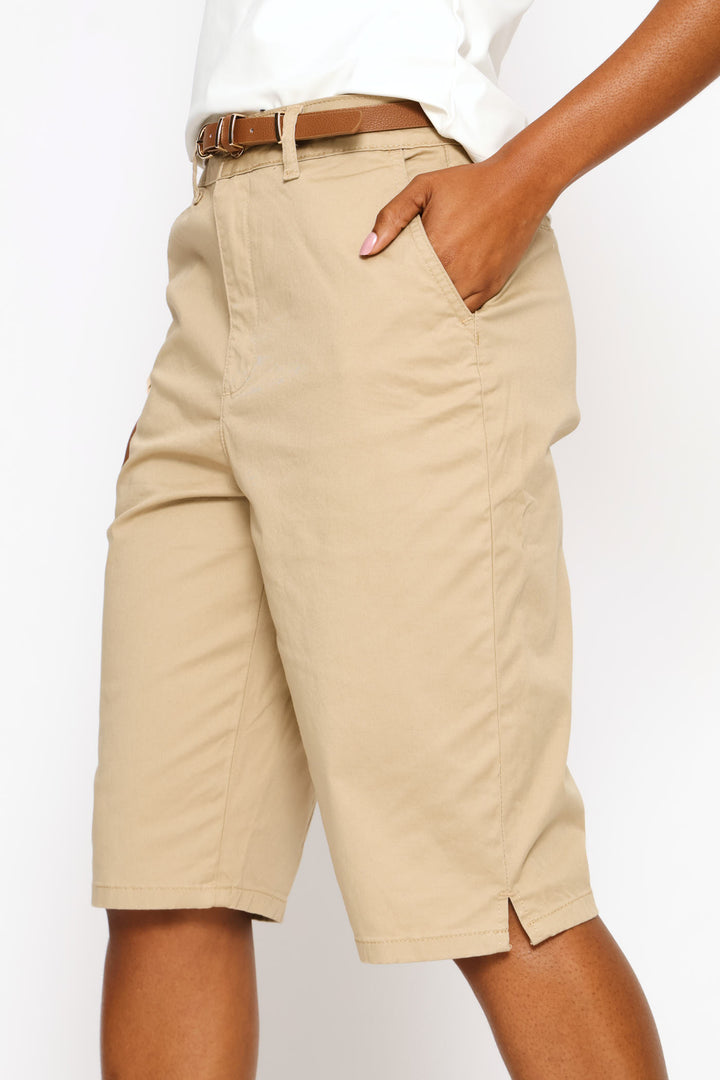 Belted Sateen Bermuda Chino Shorts - Light Stone