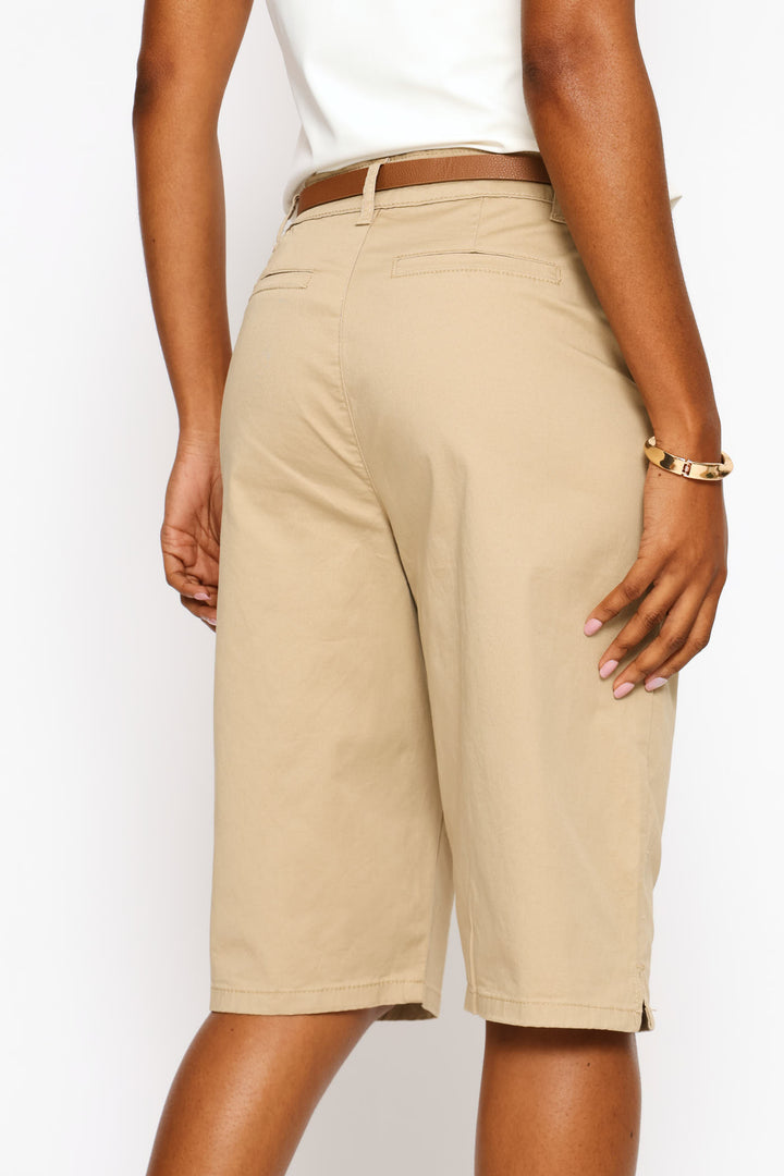 Belted Sateen Bermuda Chino Shorts - Light Stone