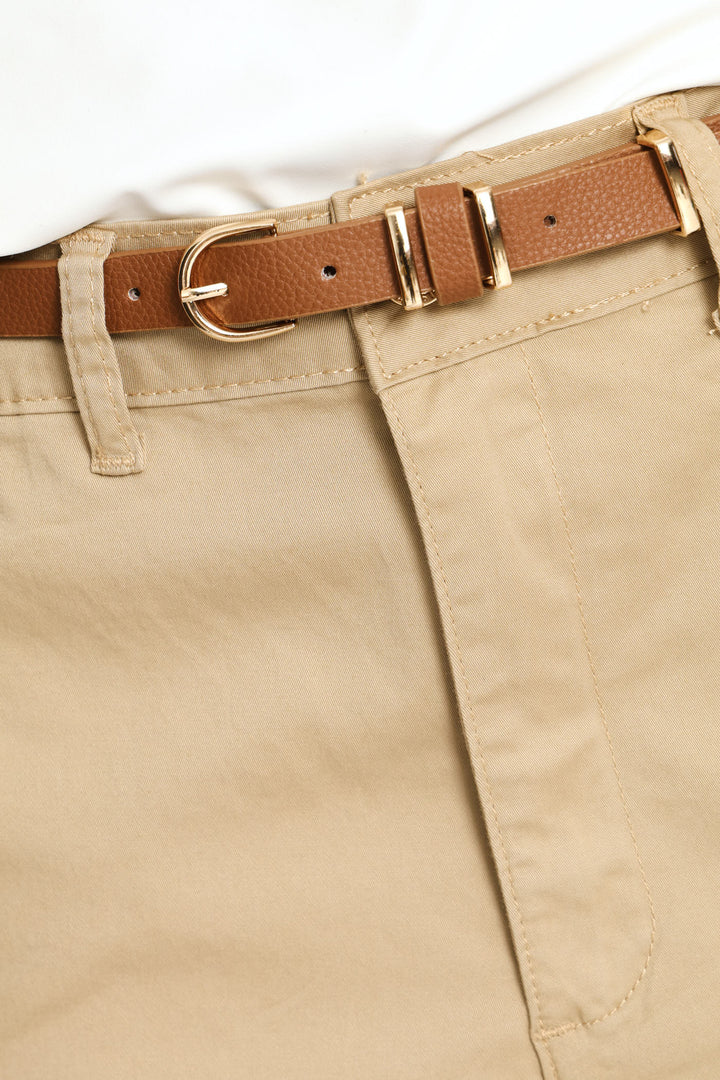 Belted Sateen Bermuda Chino Shorts - Light Stone