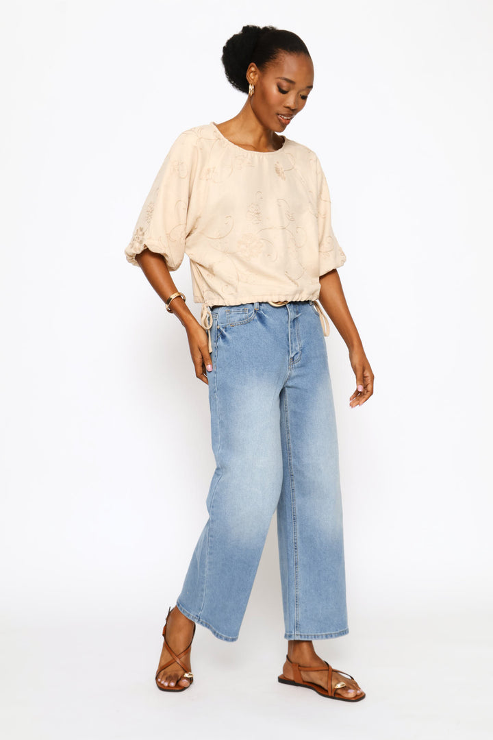 Bubble Sleeve Embroidered Combo Top - Biscuit