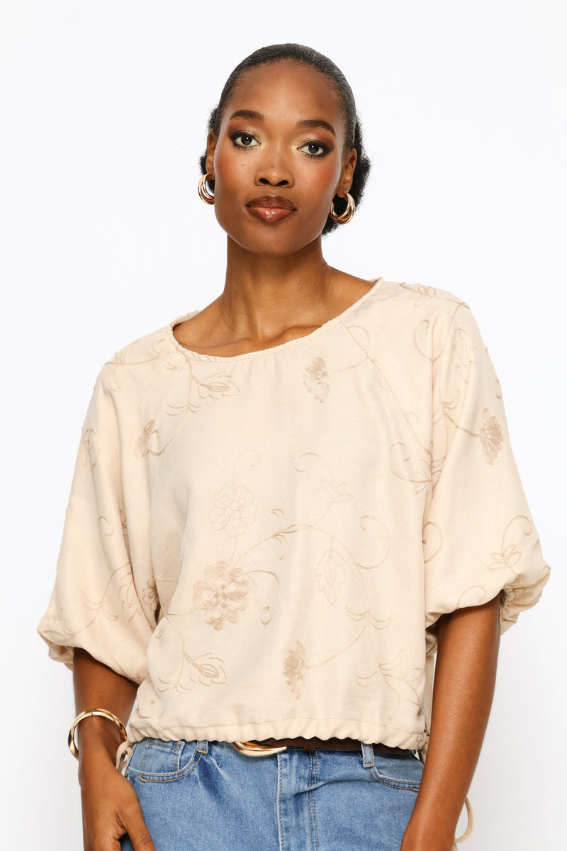 Bubble Sleeve Embroidered Combo Top - Biscuit