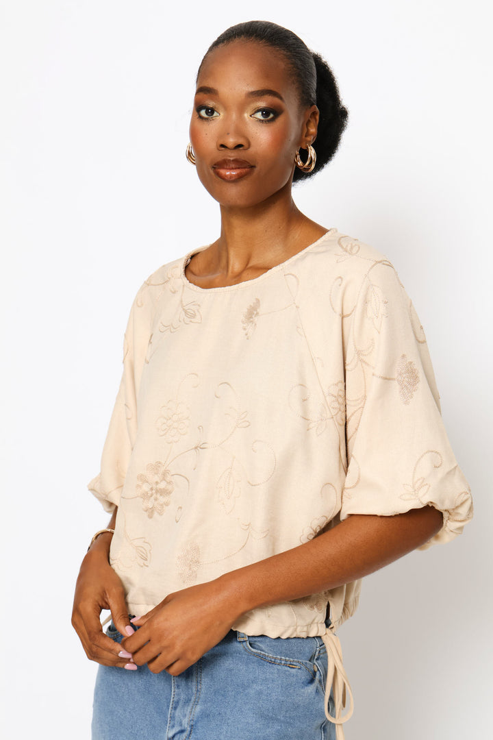 Bubble Sleeve Embroidered Combo Top - Biscuit