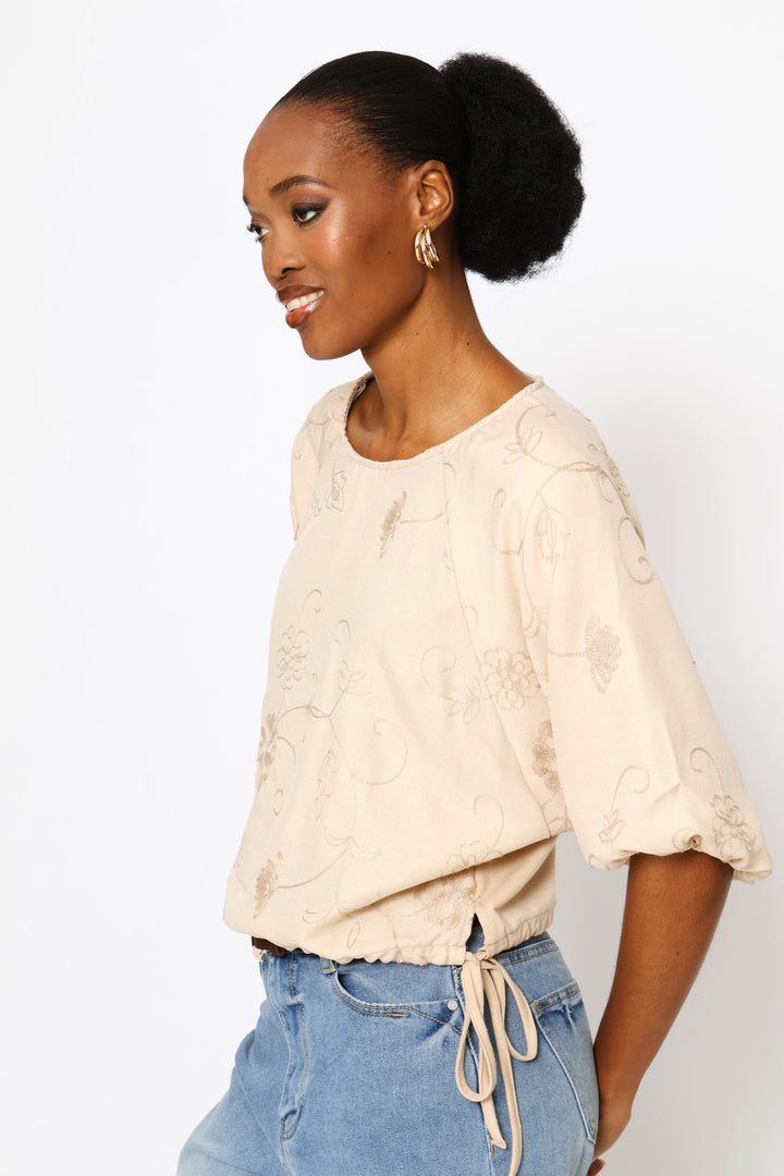 Bubble Sleeve Embroidered Combo Top - Biscuit