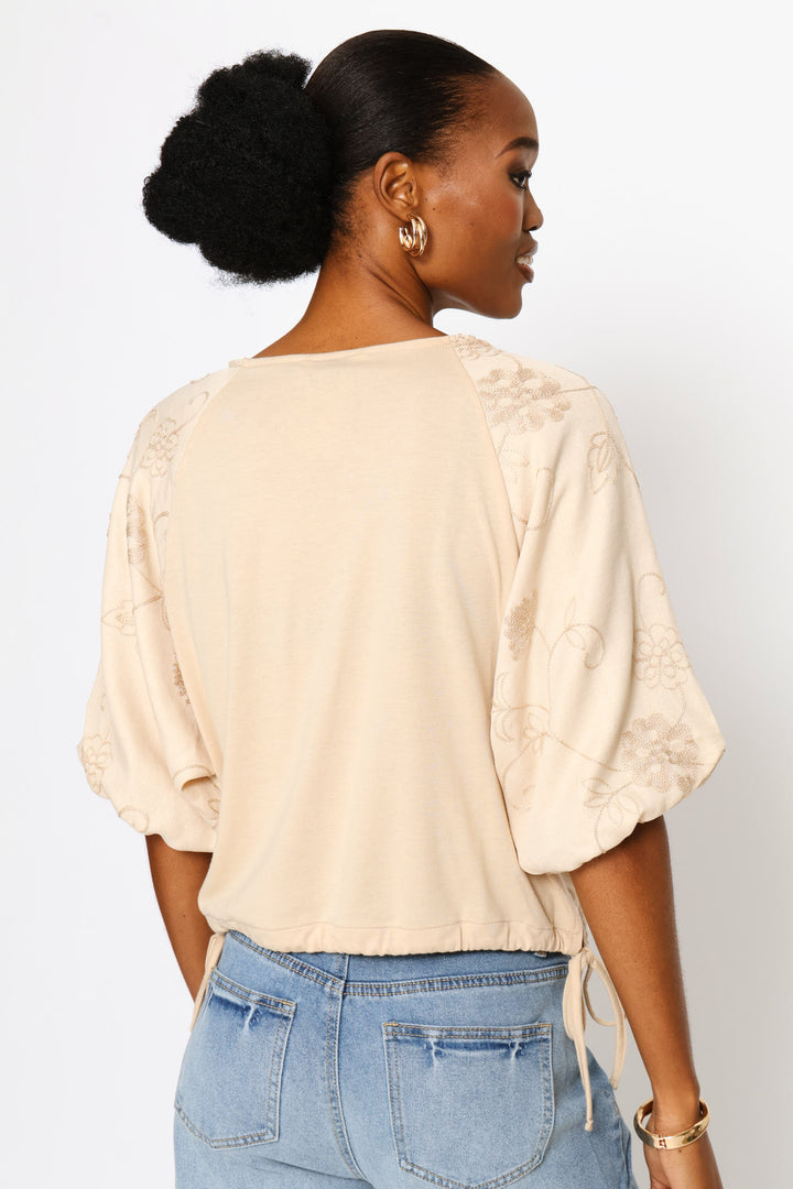 Bubble Sleeve Embroidered Combo Top - Biscuit
