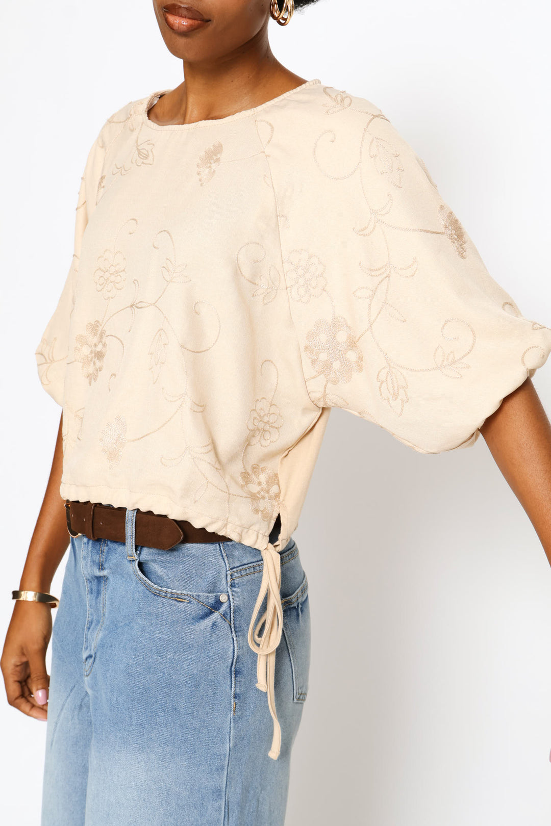Bubble Sleeve Embroidered Combo Top - Biscuit