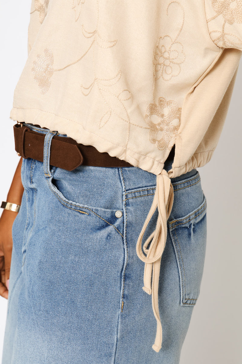 Bubble Sleeve Embroidered Combo Top - Biscuit