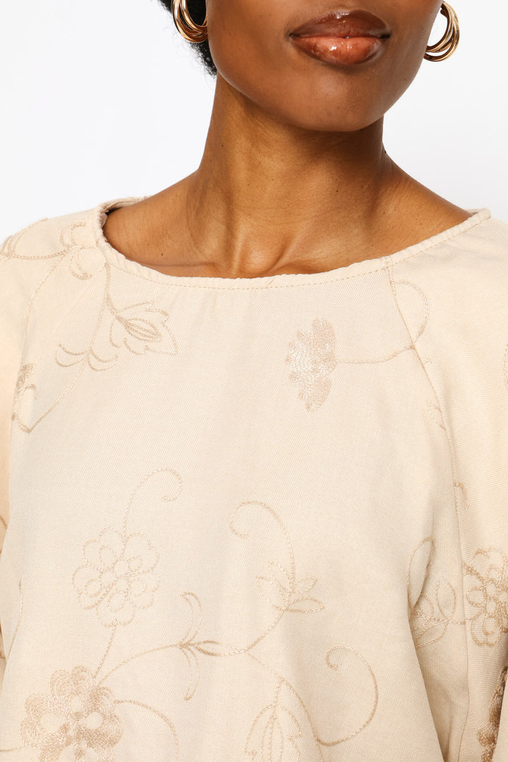 Bubble Sleeve Embroidered Combo Top - Biscuit