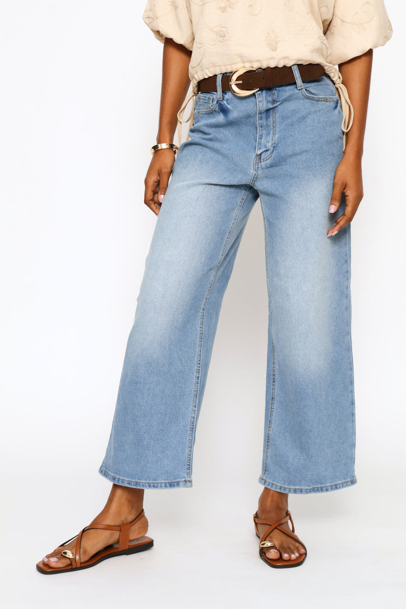 Hi-Rise Belted Wide Leg Anklegrazer Denim - Mid Wash