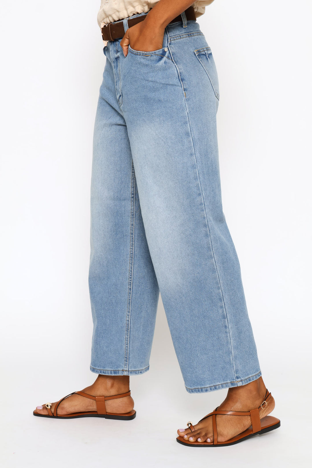 Hi-Rise Belted Wide Leg Anklegrazer Denim - Mid Wash