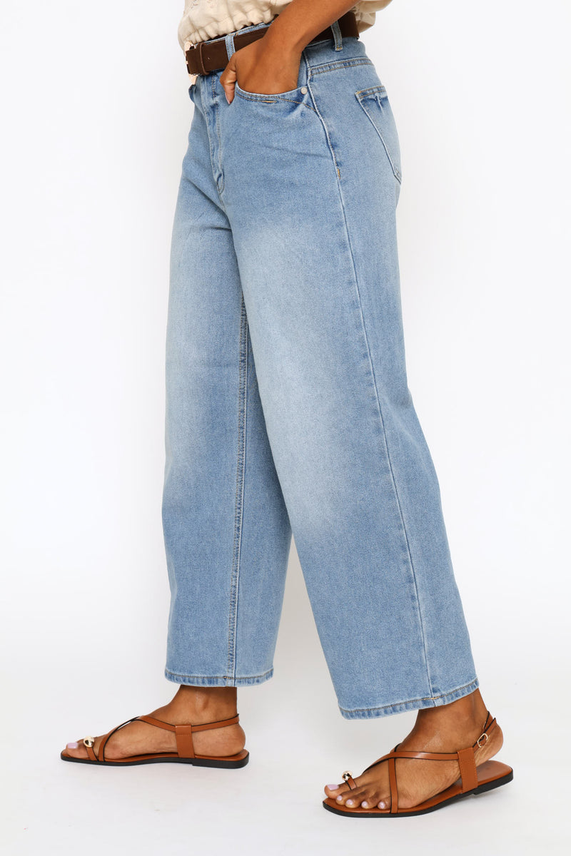 Hi-Rise Belted Wide Leg Anklegrazer Denim - Mid Wash