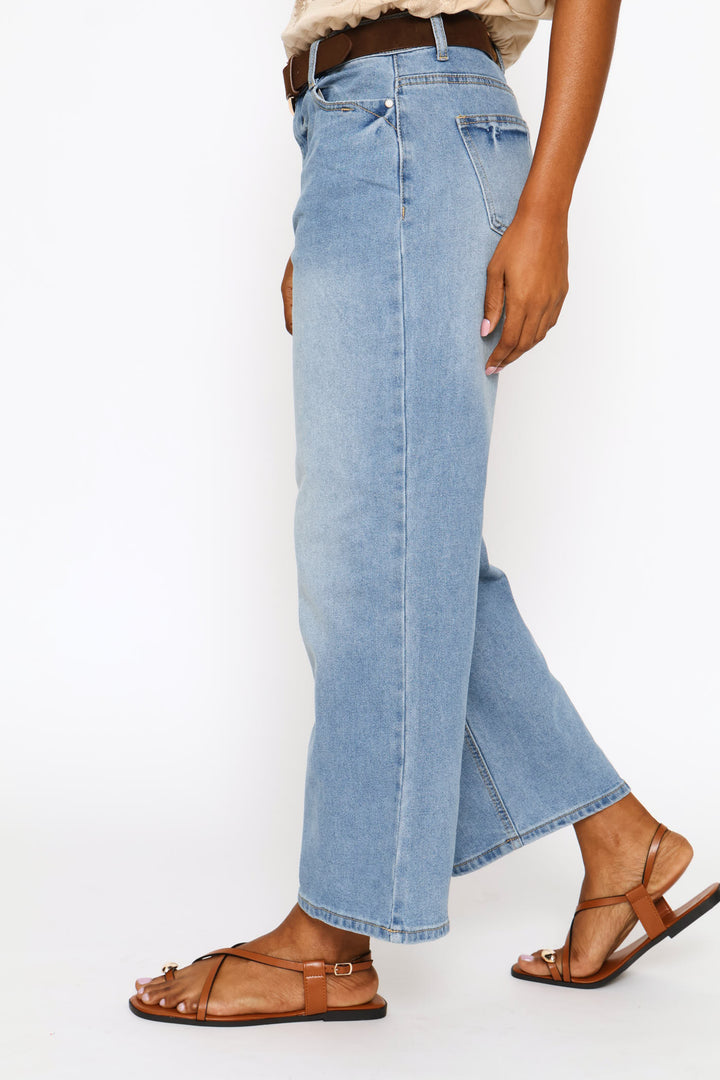 Hi-Rise Belted Wide Leg Anklegrazer Denim - Mid Wash