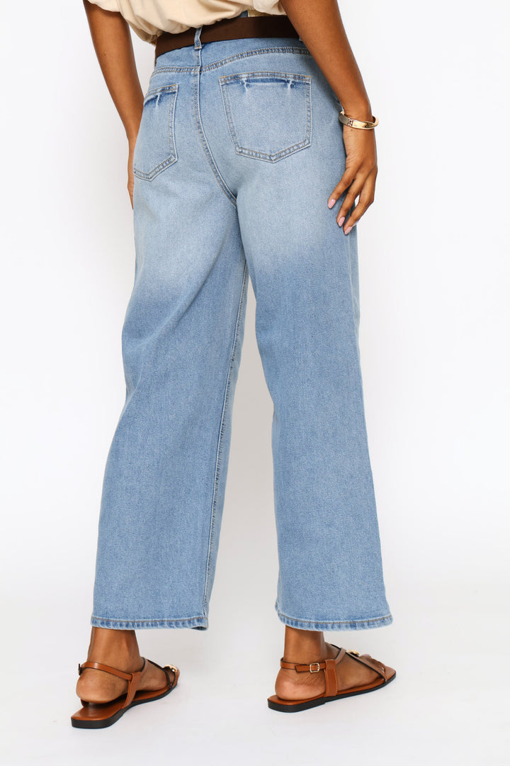 Hi-Rise Belted Wide Leg Anklegrazer Denim - Mid Wash