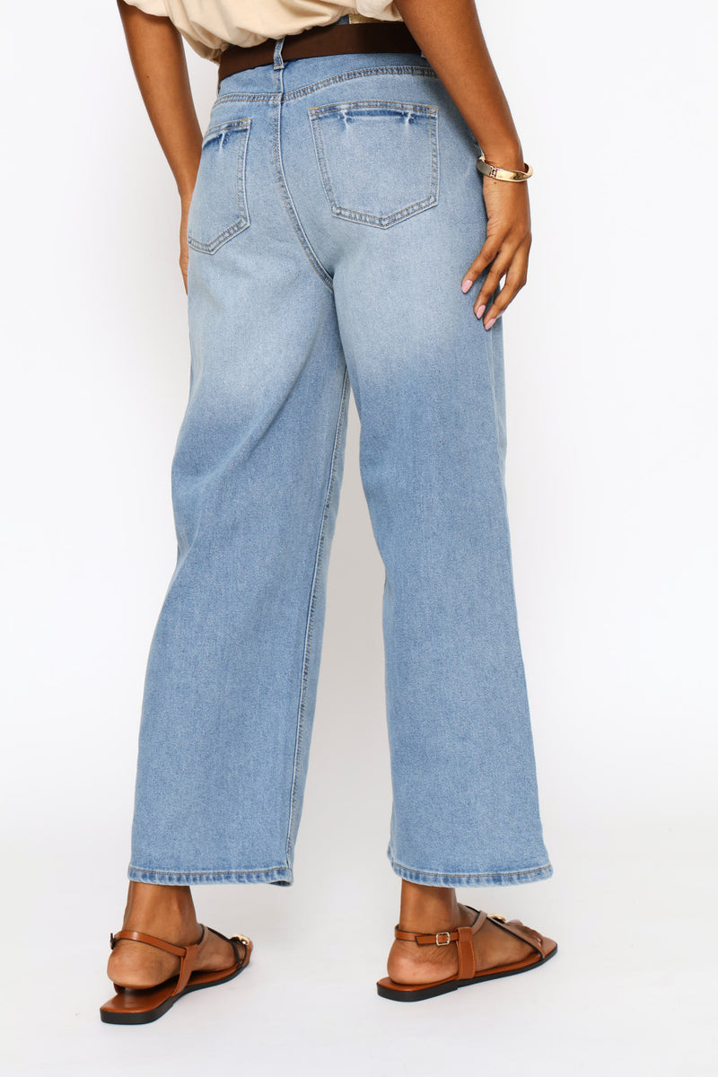 Hi-Rise Belted Wide Leg Anklegrazer Denim - Mid Wash