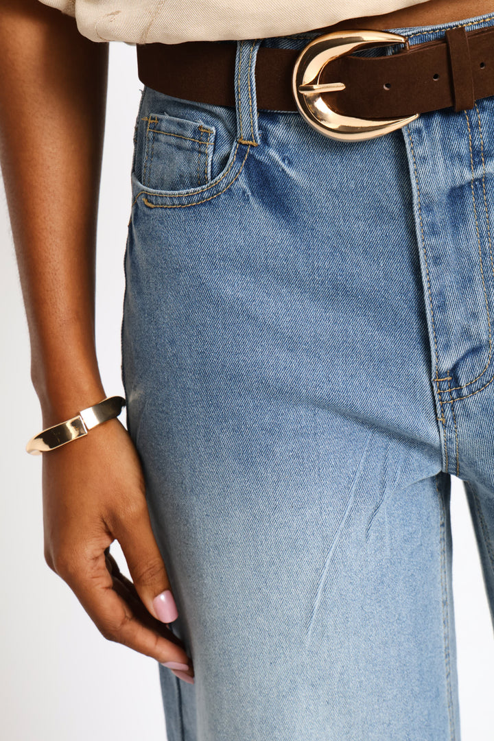 Hi-Rise Belted Wide Leg Anklegrazer Denim - Mid Wash