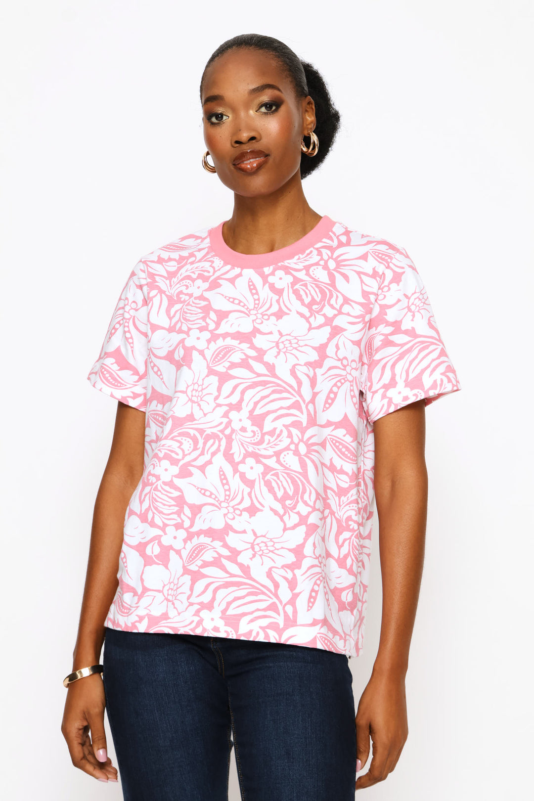 Short Sleeve Printed Boxy Tee - White/Pink