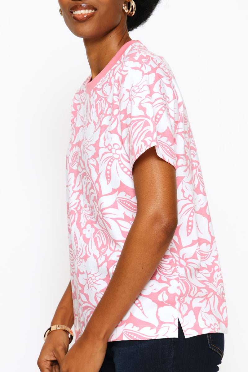 Short Sleeve Printed Boxy Tee - White/Pink