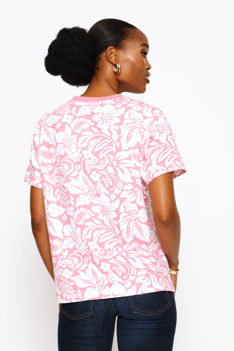 Short Sleeve Printed Boxy Tee - White/Pink