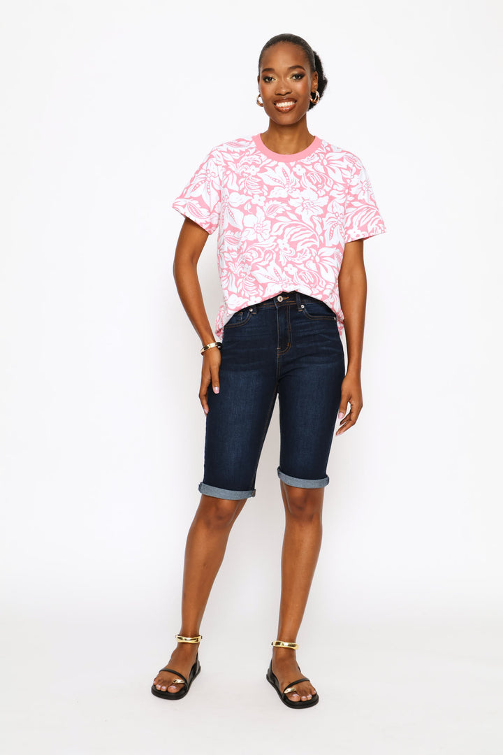 Short Sleeve Printed Boxy Tee - White/Pink