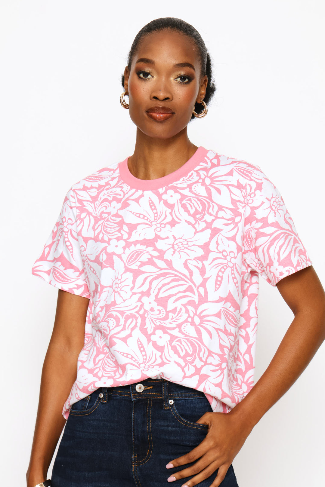 Short Sleeve Printed Boxy Tee - White/Pink