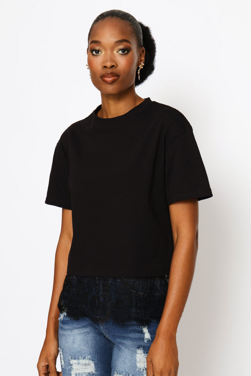 Lace Hem Boxy Tee - Black
