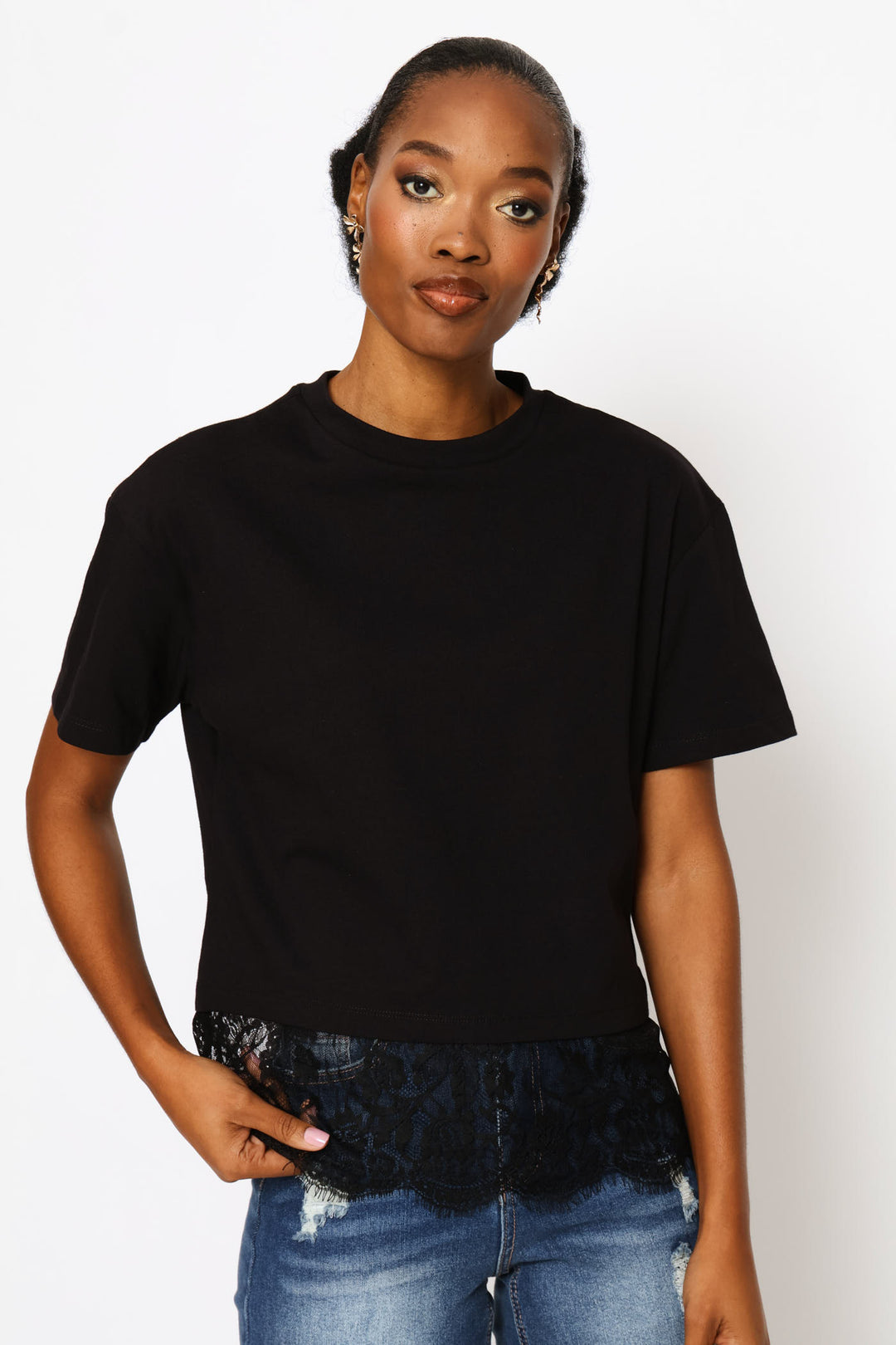 Lace Hem Boxy Tee - Black