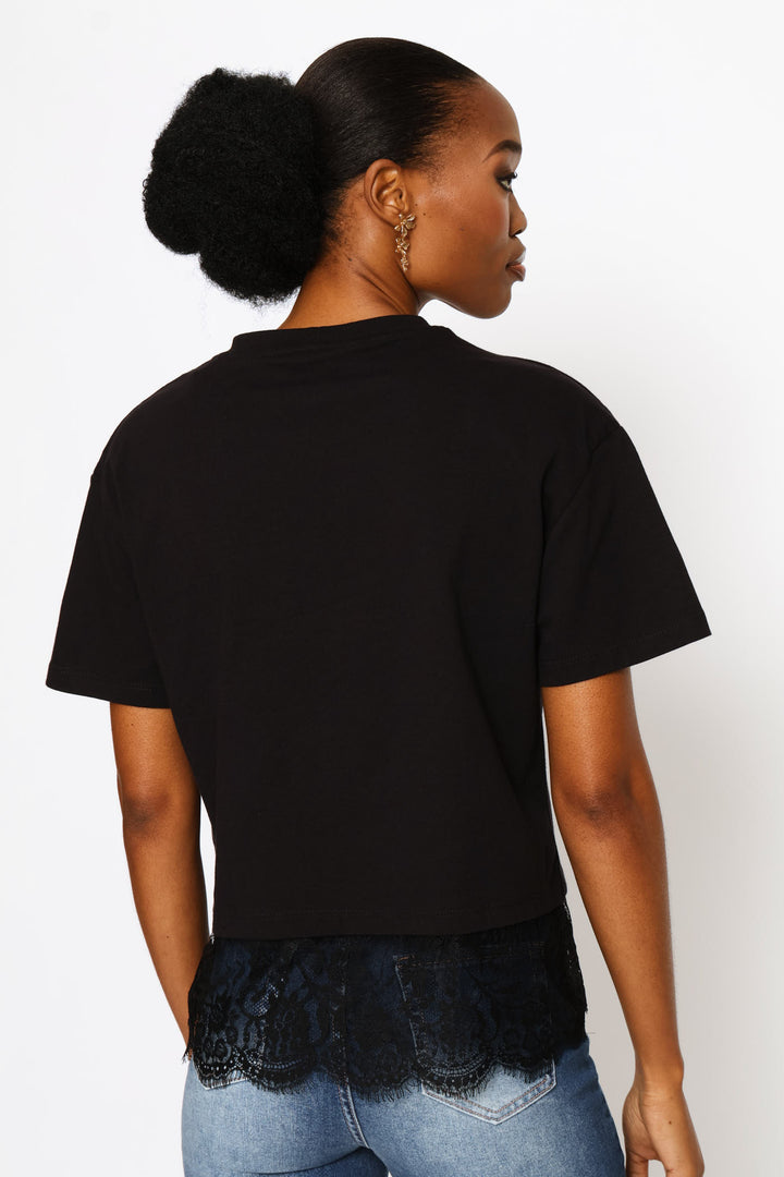 Lace Hem Boxy Tee - Black