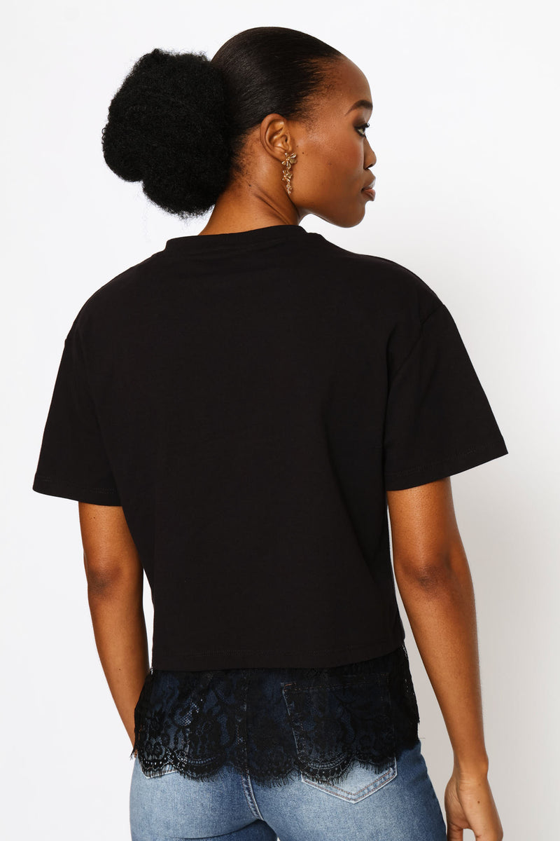 Lace Hem Boxy Tee - Black