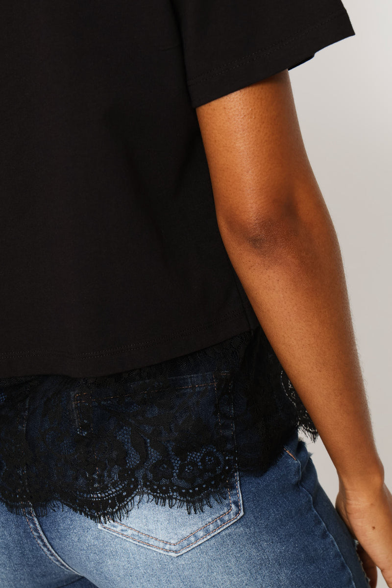 Lace Hem Boxy Tee - Black