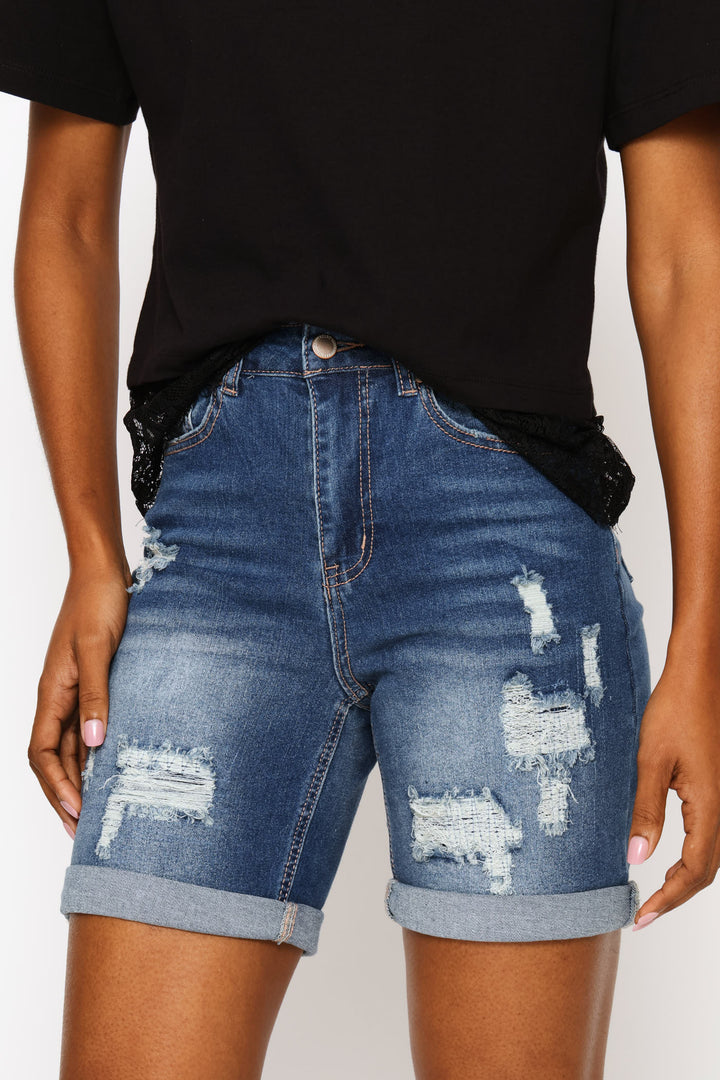 Rip & Repair Roll Hem Bermuda Shorts - Medium Wash