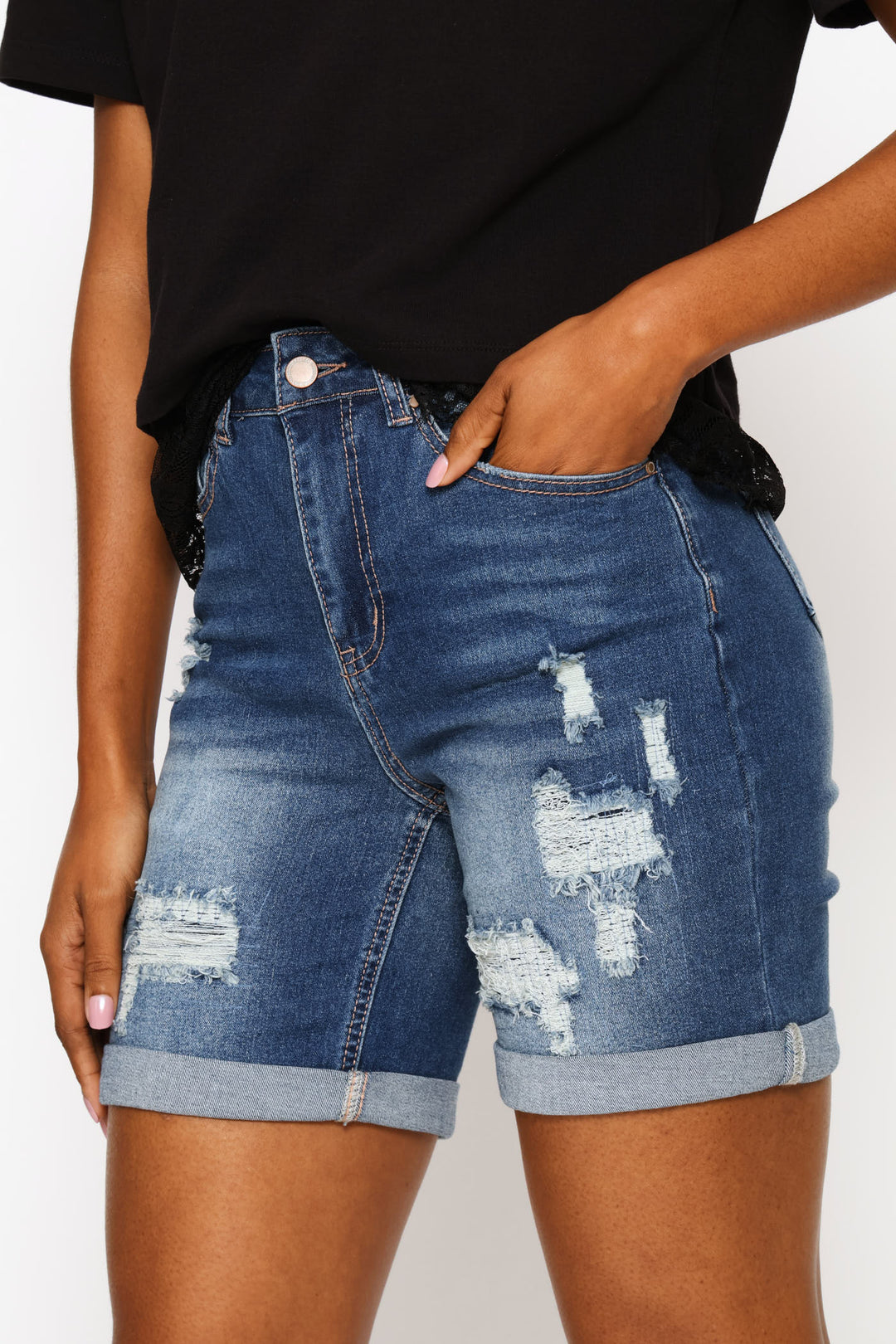 Rip & Repair Roll Hem Bermuda Shorts - Medium Wash
