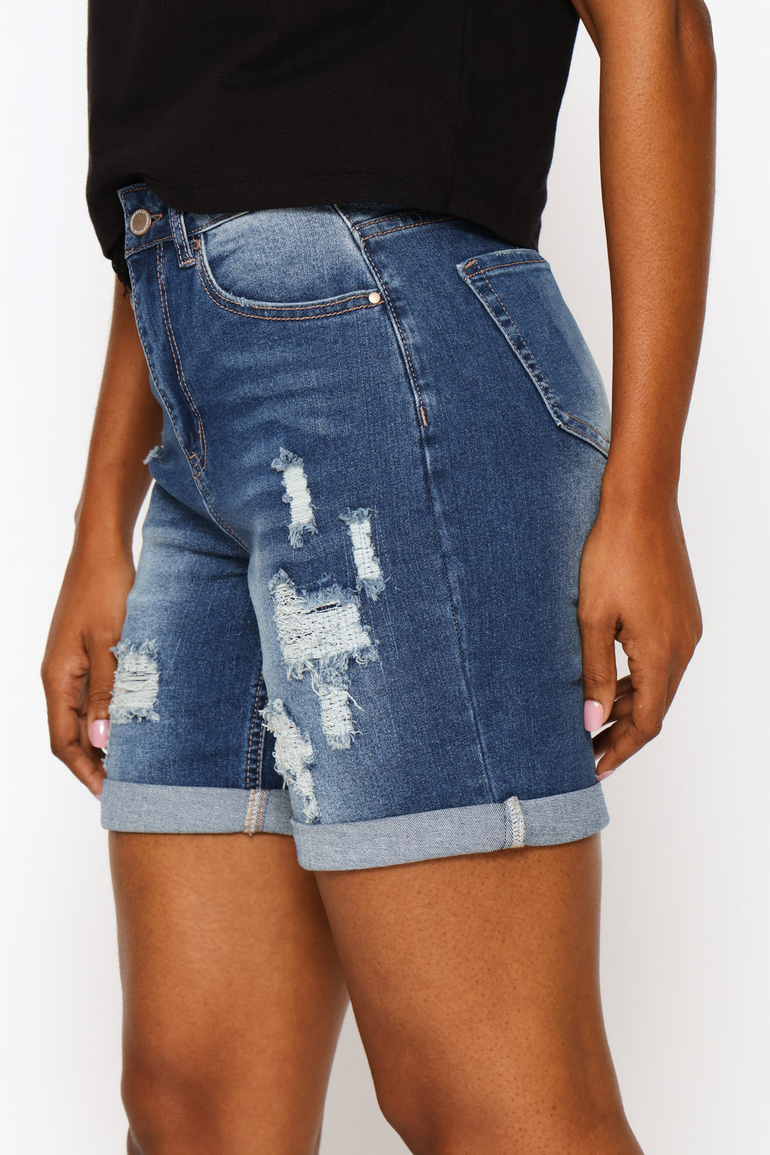 Rip & Repair Roll Hem Bermuda Shorts - Medium Wash