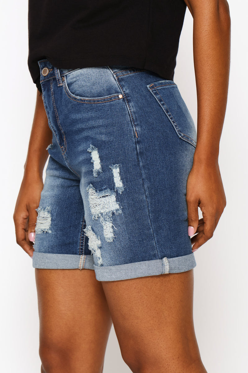 Rip & Repair Roll Hem Bermuda Shorts - Medium Wash