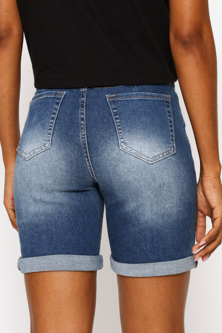 Rip & Repair Roll Hem Bermuda Shorts - Medium Wash