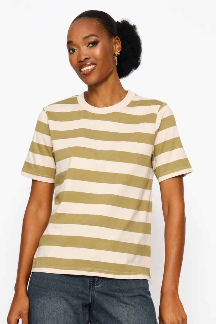 Rib Neck Stripe Boxy Tee - Fatigue/Stone