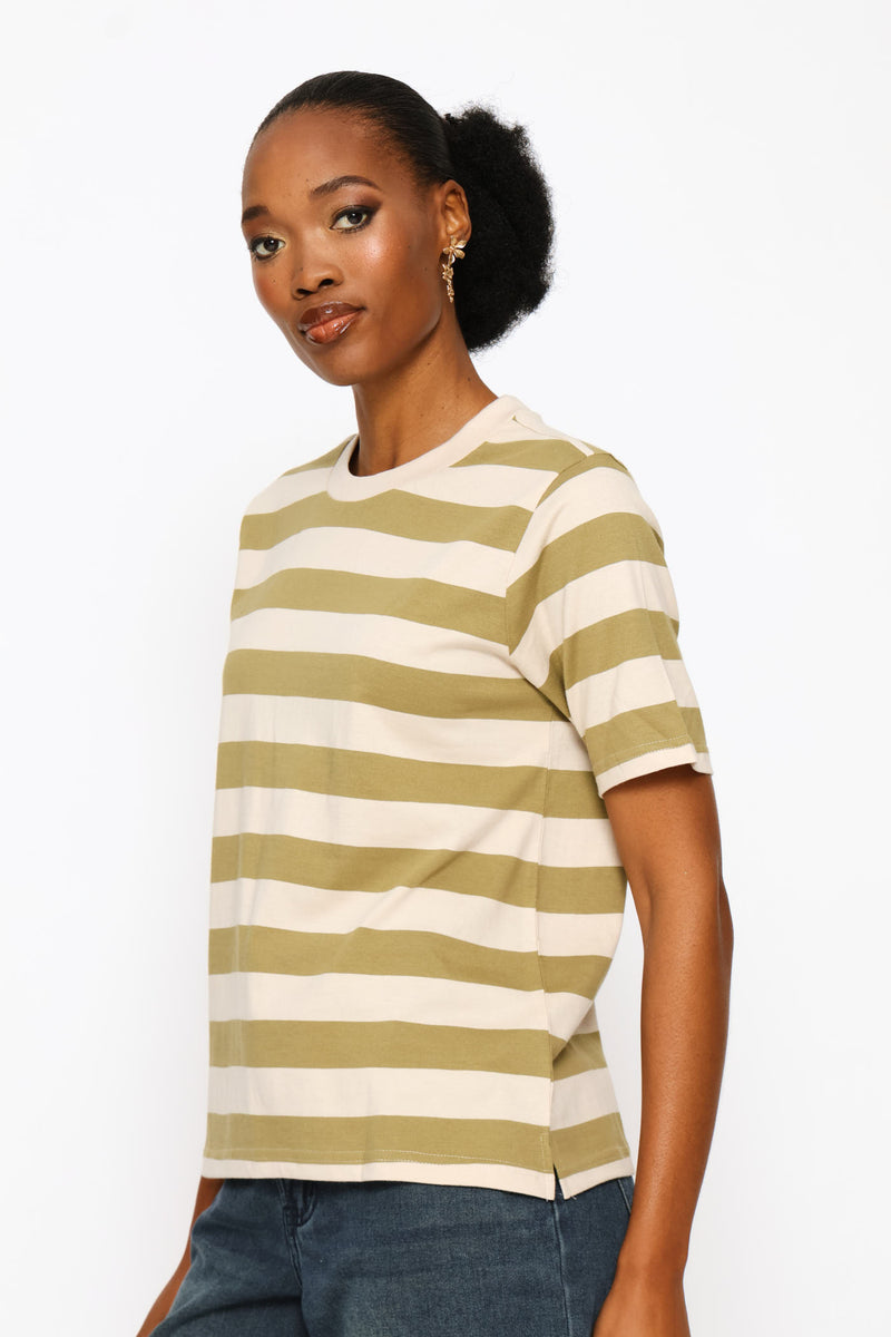 Rib Neck Stripe Boxy Tee - Fatigue/Stone