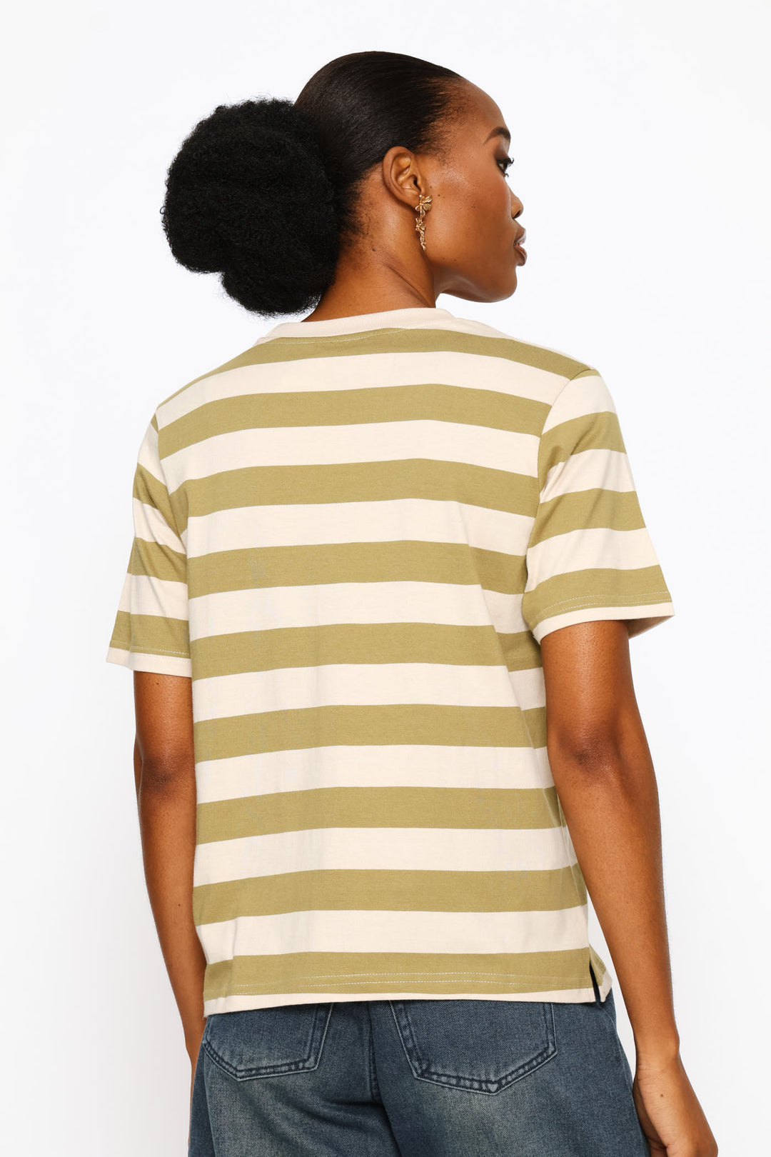 Rib Neck Stripe Boxy Tee - Fatigue/Stone