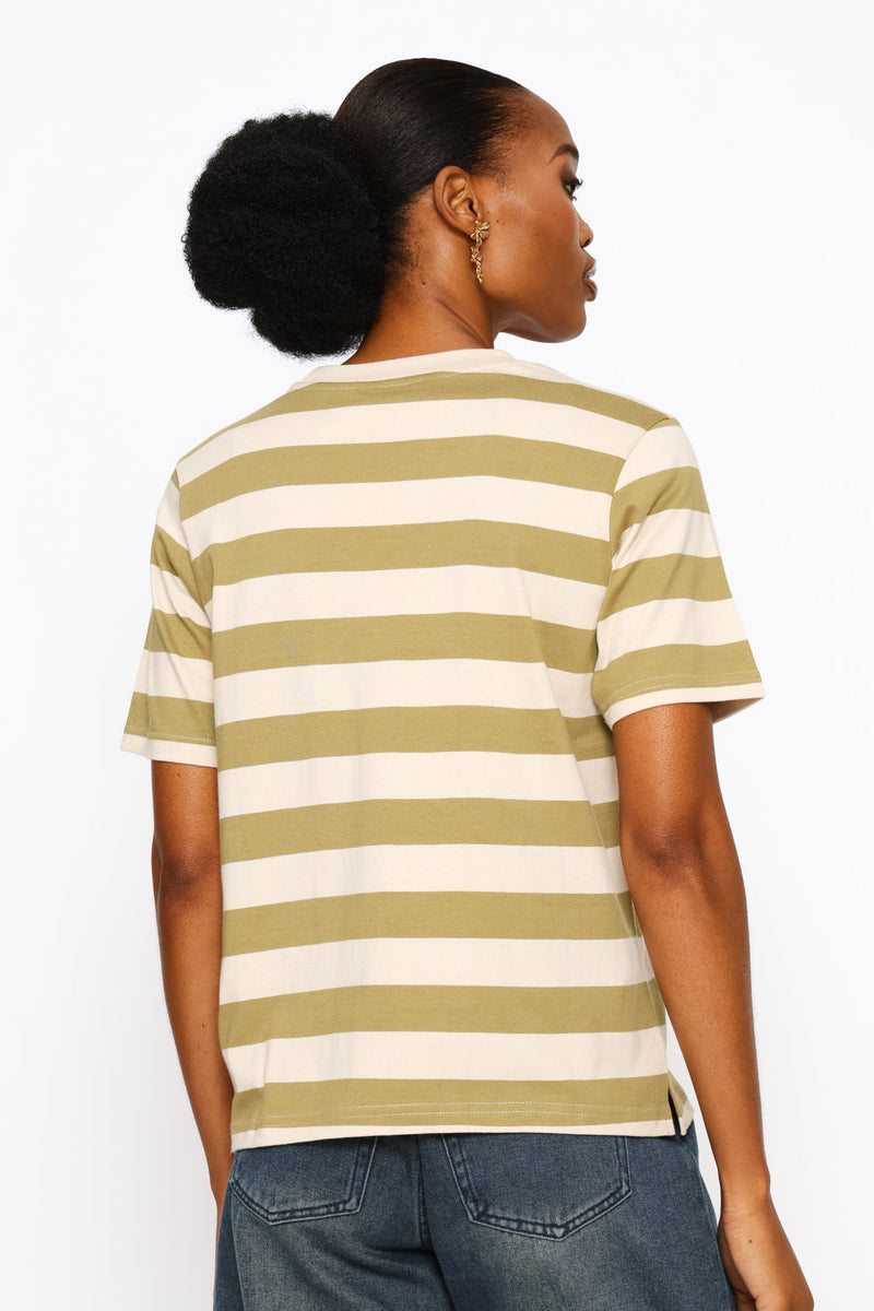 Rib Neck Stripe Boxy Tee - Fatigue/Stone