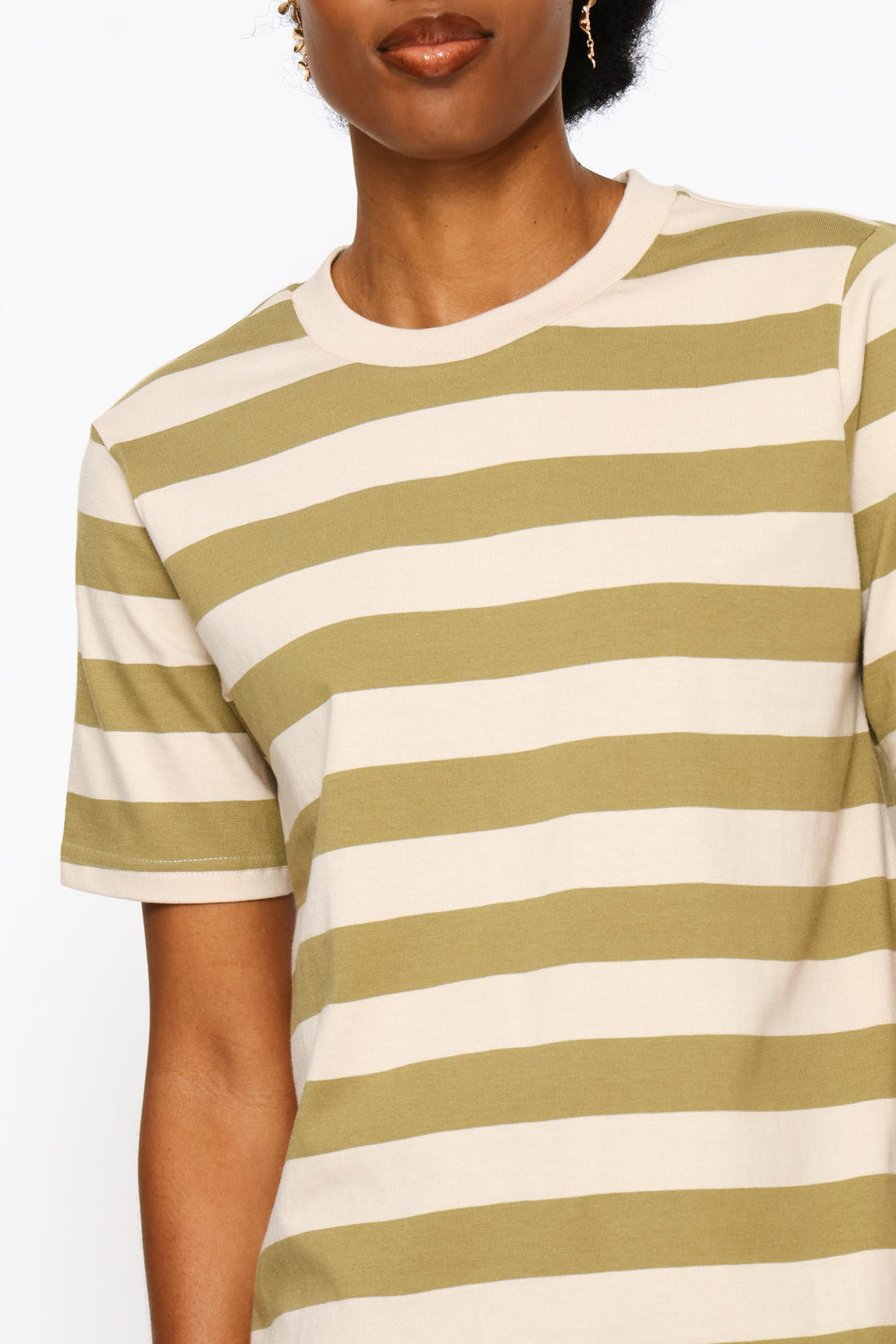 Rib Neck Stripe Boxy Tee - Fatigue/Stone