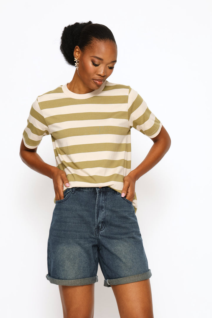 Rib Neck Stripe Boxy Tee - Fatigue/Stone