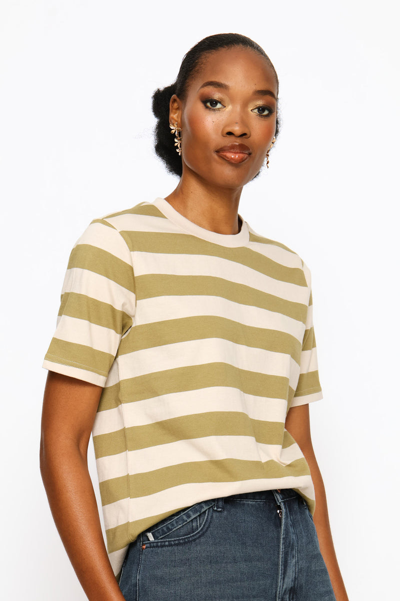 Rib Neck Stripe Boxy Tee - Fatigue/Stone
