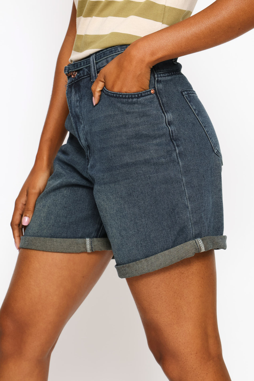 Self Tie Roll Hem Mid Thigh Shorts - Tea Stain