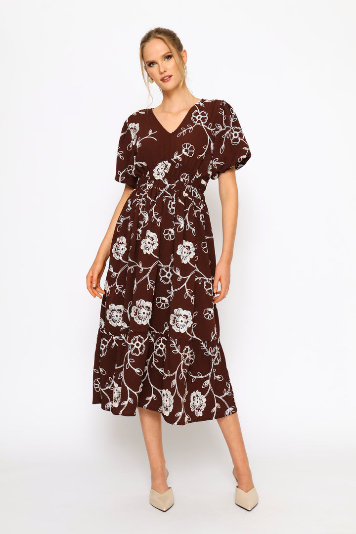 Bubble Sleeve V-Neck Elasticated Waist Fit&Flare Midaxi Dress - Chocolate/Beige