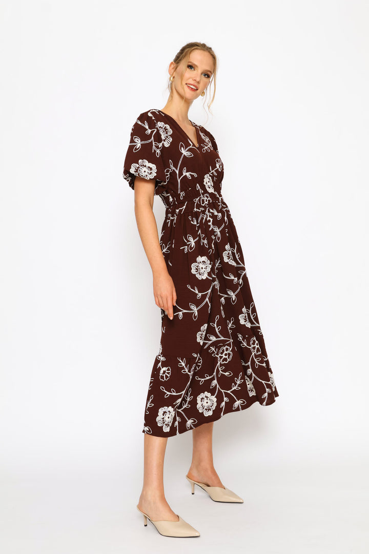 Bubble Sleeve V-Neck Elasticated Waist Fit&Flare Midaxi Dress - Chocolate/Beige