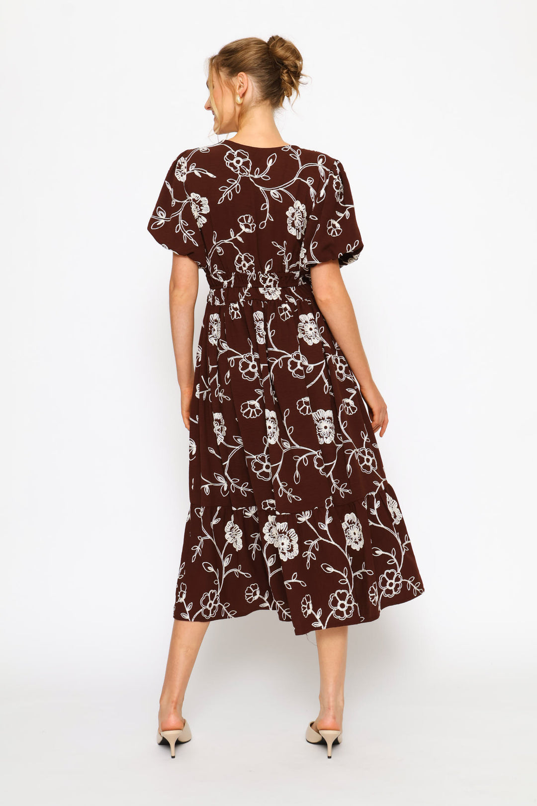 Bubble Sleeve V-Neck Elasticated Waist Fit&Flare Midaxi Dress - Chocolate/Beige