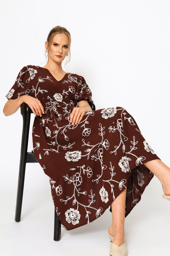 Bubble Sleeve V-Neck Elasticated Waist Fit&Flare Midaxi Dress - Chocolate/Beige
