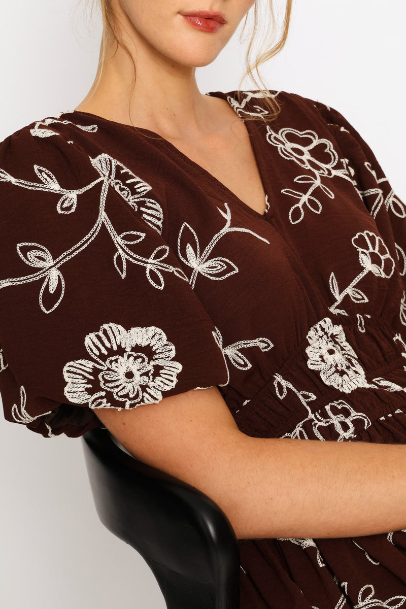 Bubble Sleeve V-Neck Elasticated Waist Fit&Flare Midaxi Dress - Chocolate/Beige
