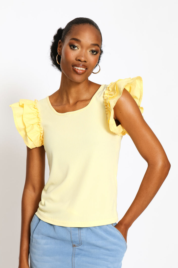 Frill Sleeve Scoop Neck Rib Combo Top - Light Yellow