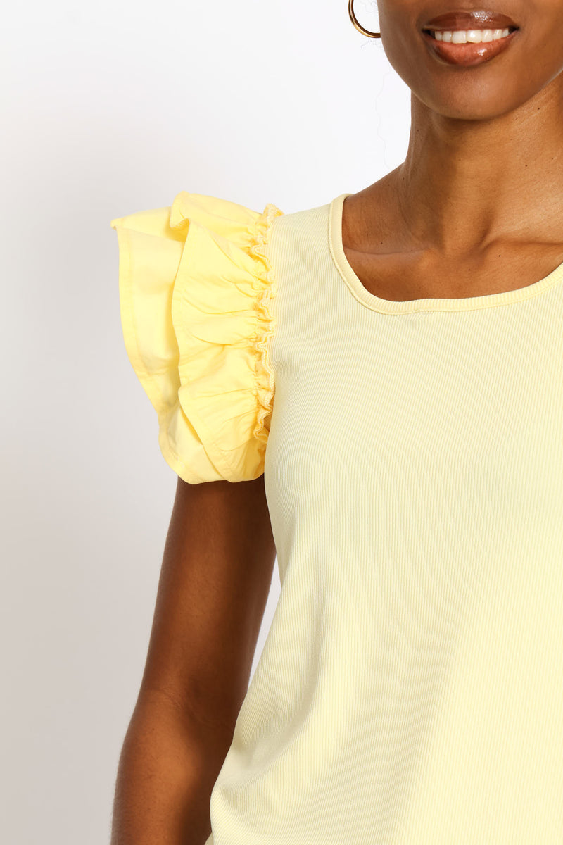 Frill Sleeve Scoop Neck Rib Combo Top - Light Yellow