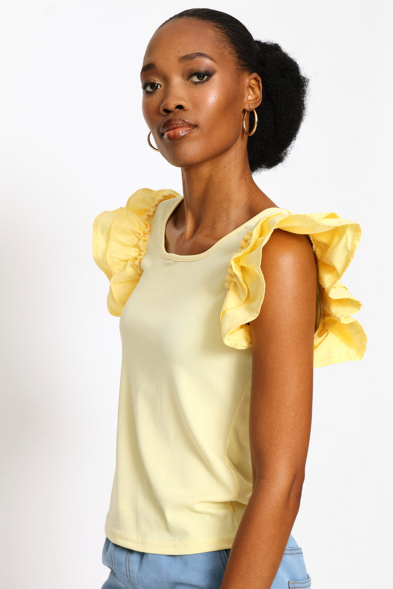 Frill Sleeve Scoop Neck Rib Combo Top - Light Yellow